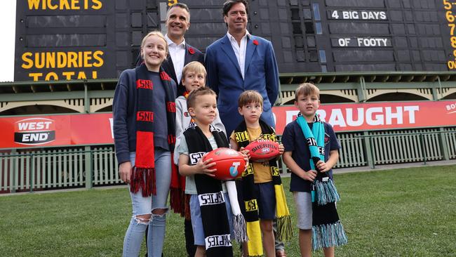 AFL CEO Gillon McLachlan and SA Premier Peter Malinauskas at the Adelaide Oval for announcement of an extra round of footy next season, which will see all 18 teams play in the same state on the same weekend. NCA NewsWire / David Mariuz