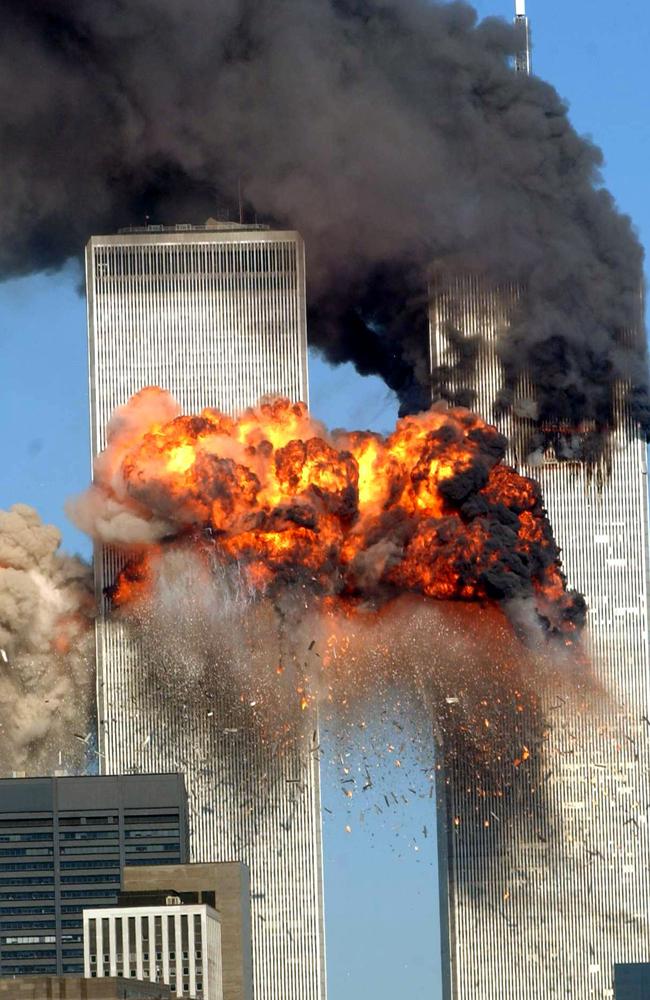 A fiery blasts rocks the south tower of the World Trade Center as the hijacked United Airlines Flight 175 from Boston crashes into the building September 11, 2001 in New York City. Picture: Getty