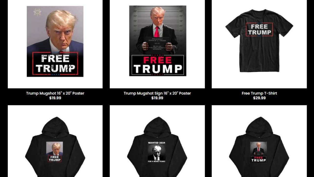 Donald Trump merchandise for sale online since he was booked and photographed in Fulton County Sheriff's Office on August 24, 2023.