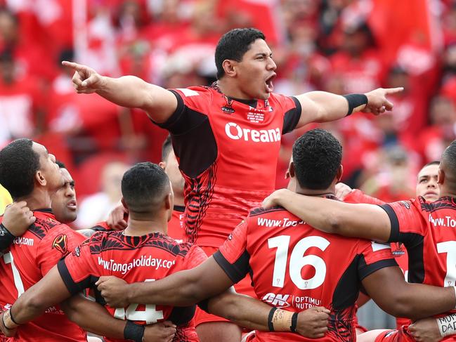 AUCKLAND, NEW ZEALAND - NOVEMBER 25: Jason Taumalolo of Tonga performs the cultural challenge during the 2017 Rugby League World Cup Semi Final match between Tonga and England at Mt Smart Stadium on November 25, 2017 in Auckland, New Zealand.  (Photo by Phil Walter/Getty Images)