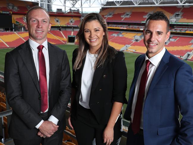 Darren Lockyer, Yvonne Sampson, and Peter Badel, The Courier Mail NRL launch, Suncorp Stadium, Milton. Photographer: Liam Kidston