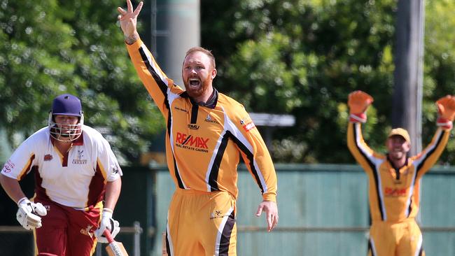 Norths bowler Kyll Wright celebrates with teammates after a successful LBW against Atherton at the Cricket Far North 2017-18 T20 final. Atherton v Norths at Griffiths Park. Picture: Justin Brierty