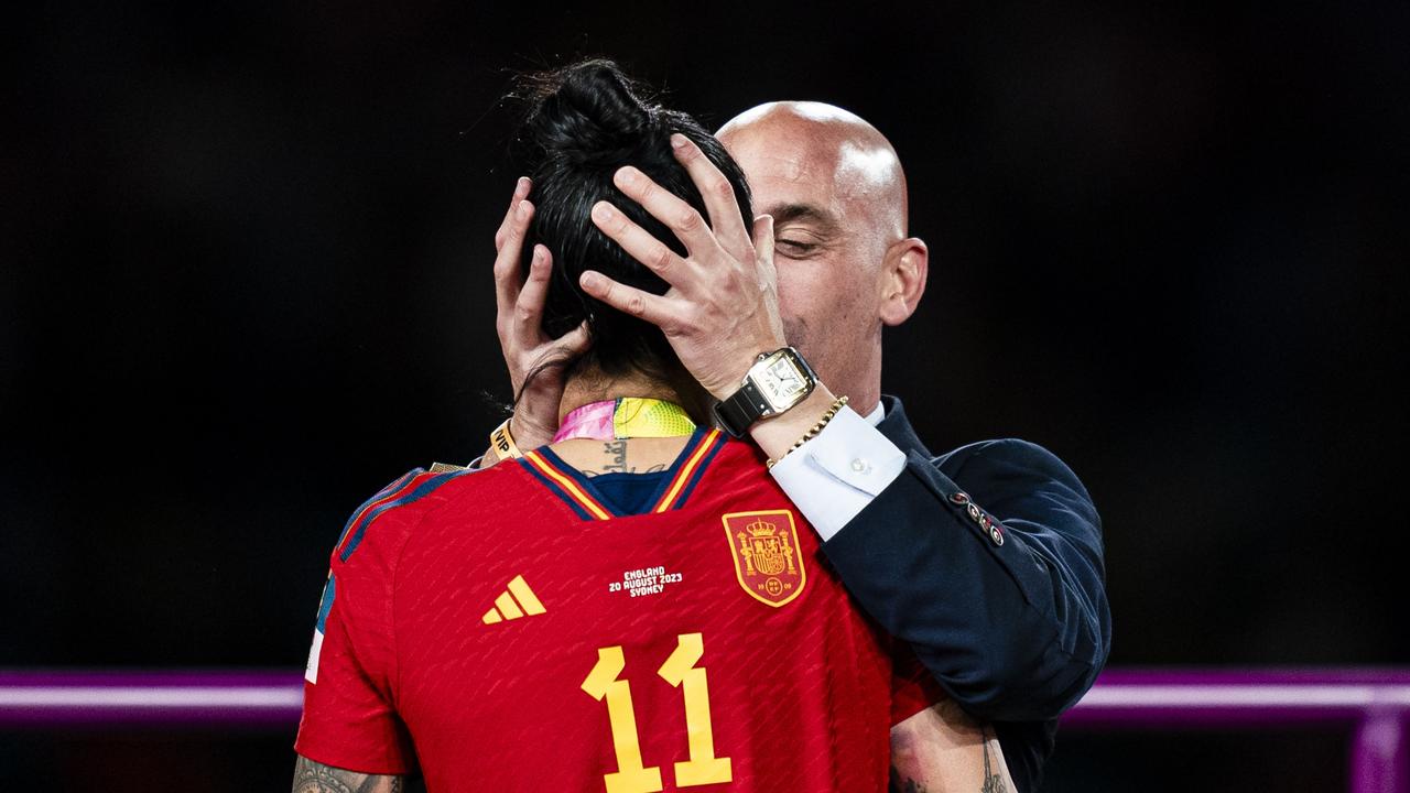 President of the Royal Spanish Football Federation Luis Rubiales kisses Jennifer Hermoso of Spain during the medal ceremony of FIFA Women's World Cup. (Photo by Noemi Llamas/Eurasia Sport Images/Getty Images)
