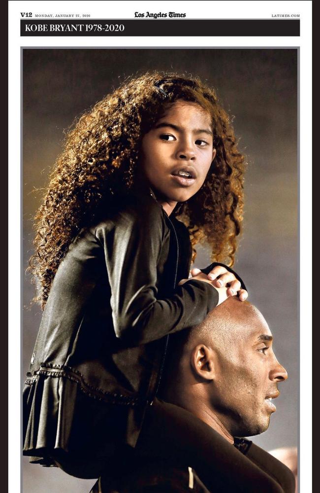 The back page of the LA Times newspaper featured a photo of Bryant with his daughter. Picture: LA Times