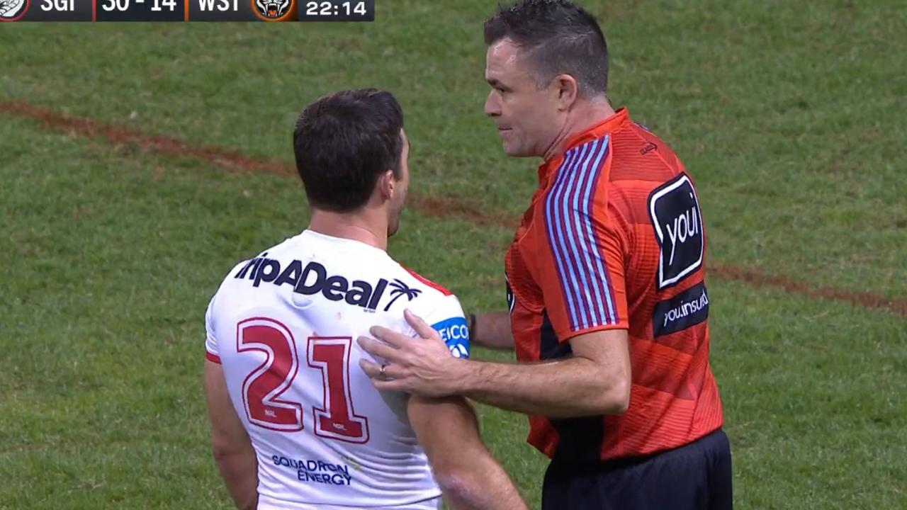 Referee Butler had already warned the Dragons in the first half. Photo: Fox Sports