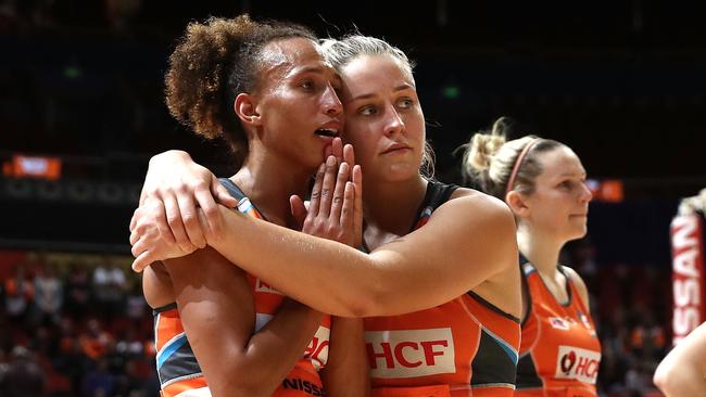 Giants stars Serena Guthrie (left) and Jamie-Lee Price after Sunday’s loss to the Lightning. Picture: Getty Images