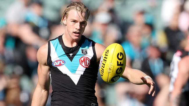 Miles Bergman is back in for Port Adelaide’s clash with the Blues. Picture: Sarah Reed/AFL Photos