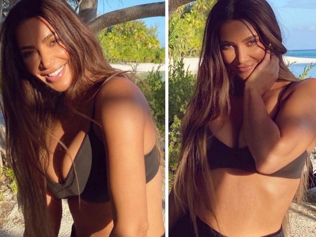 Kim K poses in plunging black bra on beach