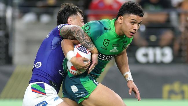 LAS VEGAS, NEVADA - MARCH 01: Savelio Tamale of the Raidersis tackled during the round one NRL match between the Canberra Raiders and the New Zealand Warriors at Allegiant Stadium on March 01, 2025, in Las Vegas, Nevada. (Photo by Ezra Shaw/Getty Images)