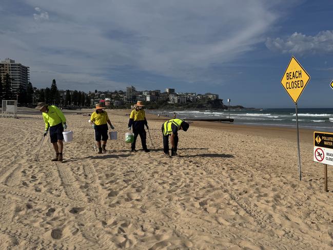 Northern Beaches Council workers collecting mystery grey balls of pollution from Manly Beach on Tuesday. Picture: Supplied