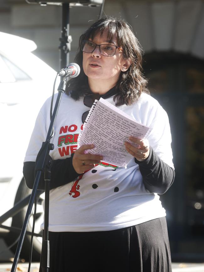 Victim survivor of family violence Luisa Mejia speaking at the No More: National Rally Against Violence in Hobart. Picture: Nikki Davis-Jones