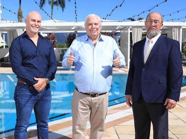 Clive Palmer has visited Cairns to endorse the United Australia Party candidates for the seats of Leichhardt and Kennedy. United Australia Party candidate for Leichhardt Daniel Hannagan, party founder Clive Palmer and candidate for Kennedy Peter Campion. Picture: Brendan Radke