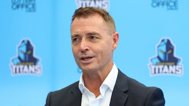 GOLD COAST, AUSTRALIA - NOVEMBER 03: Titans CEO Steve Mitchell speaks to the media during a Gold Coast Titans Media Opportunity at The Club at Parkwood Village on November 03, 2023 in Gold Coast, Australia. (Photo by Chris Hyde/Getty Images)