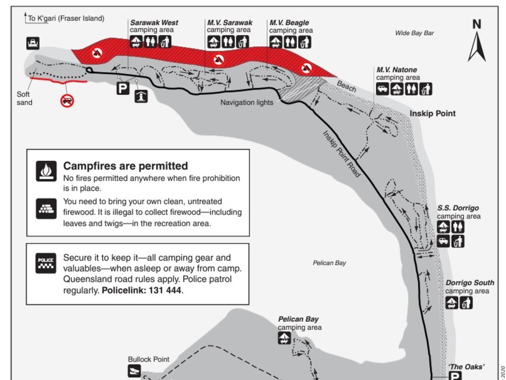 Map of Inskip Point showing the Sarawak and Beagle campgrounds at the northern end of Inskip - the sinkhole has opened up in between those two camping area.