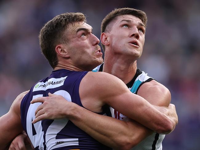 Jordon Sweet rucking against Fremantle’s Liam Reidy. Picture: Paul Kane/Getty Images