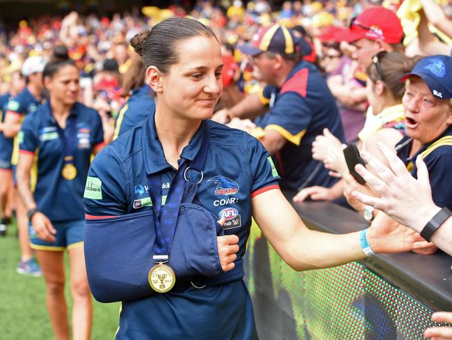 Heather Anderson with her premiership medallion after the 2017 grand final. Picture: Tom Huntley