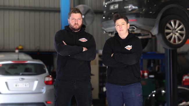 Workshop manager Brayden Bottrel and office manager Jo Warner at the Lara mechanics that has been a target of thieves. Picture: Alison Wyndl
