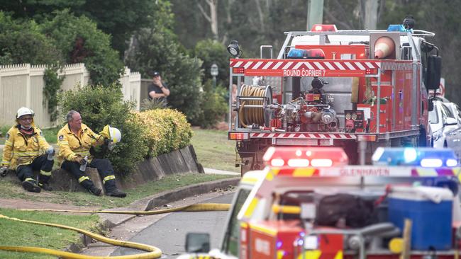 Fire and RFS crews on Whitehaven Rd. Picture: James Gourley