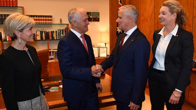 Julie Bishop, Malcolm Turnbull, Michael McCormack and Bridget McKenzie today. Picture: AAP