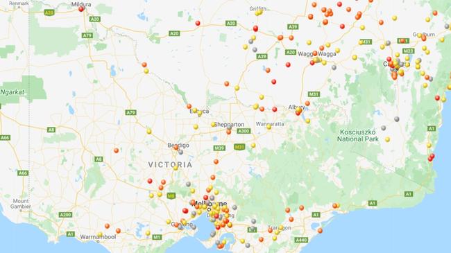 The sightings in Victoria over the past year. There are 11 red dots, representing a sighting of a "high" number of mice. Picture: Mouse Alert