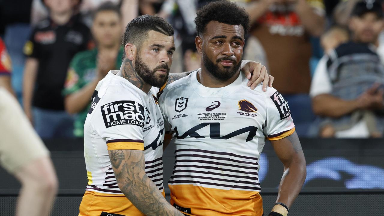 Adam Reynolds consoles Ezra Mam who is inconsolable after losing the 2023 NRL Grand Final between the Brisbane Broncos and the Penrith Panthers at Accor Stadium, Sydney Olympic Park. Pics Adam Head