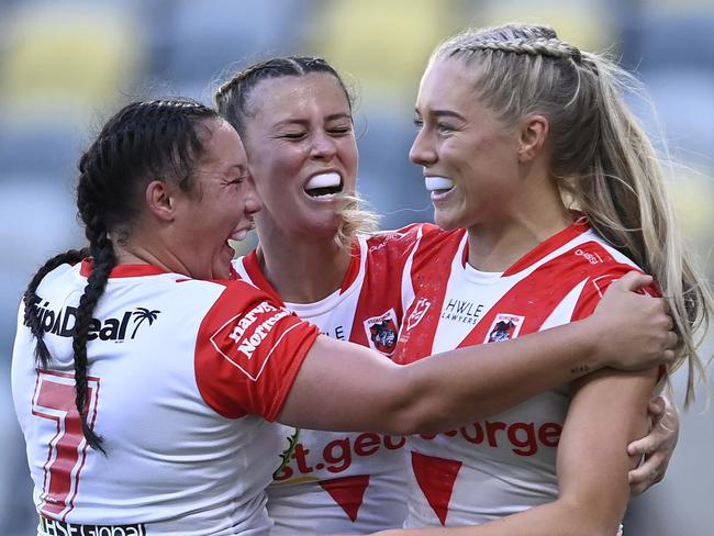 TOWNSVILLE, AUSTRALIA - SEPTEMBER 02: Teagan Berry of the Dragons celebrates after scoring a try  during the round seven NRLW match between North Queensland Cowboys and St George Illawarra Dragons at Queensland Country Bank Stadium, on September 02, 2023, in Townsville, Australia. (Photo by Ian Hitchcock/Getty Images)