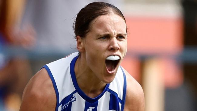 MELBOURNE, AUSTRALIA - NOVEMBER 26: Jasmine Garner of the Kangaroos celebrates a goal during the 2023 AFLW Second Preliminary Final match between The North Melbourne Tasmanian Kangaroos and The Adelaide Crows at IKON Park on November 26, 2023 in Melbourne, Australia. (Photo by Michael Willson/AFL Photos via Getty Images)