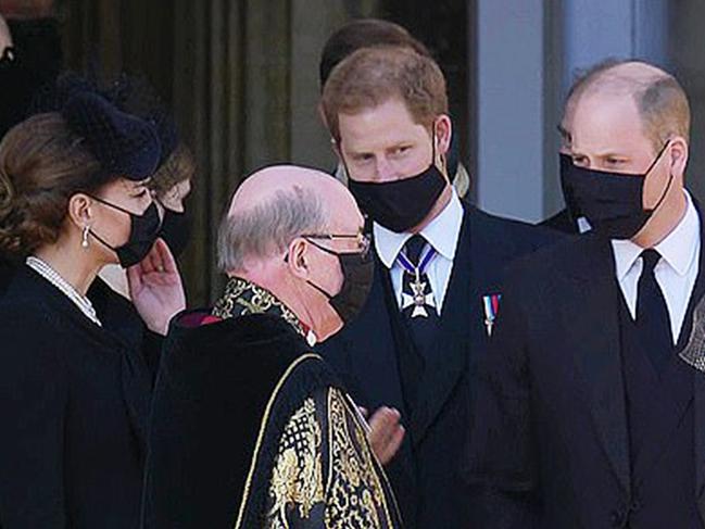 MUST CREDIT BBC - Prince Harry and Prince William walking together after the funeral service for Prince Philip, Saturday April 17, 2021.