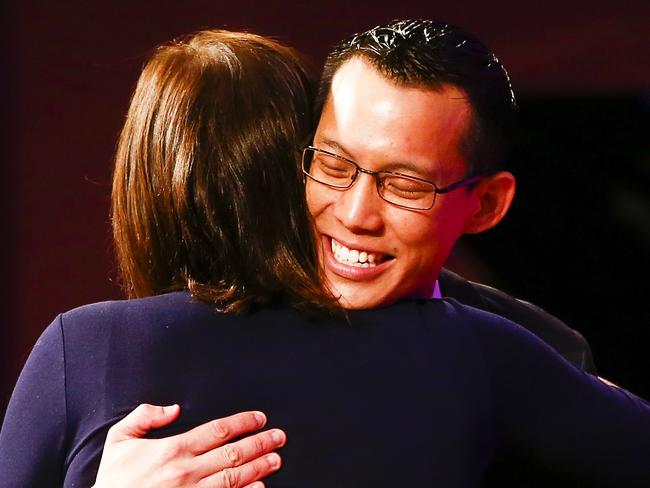 Eddie Woo being congratulated at the Australia Day Address. Picture: Dylan Robinson