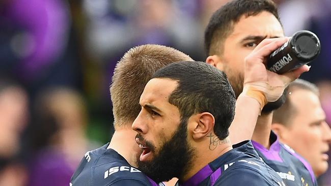 Josh Addo-Carr celebrates a try for Melbourne.