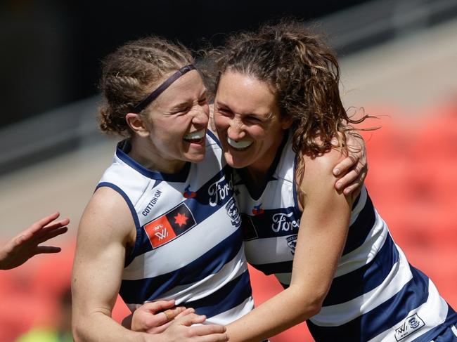 GOLD COAST, AUSTRALIA - SEPTEMBER 21: Georgie Rankin of the Cats celebrates a goal during the 2024 AFLW Round 04 match between the Gold Coast SUNS and the Geelong Cats at People First Stadium on September 21, 2024 in Gold Coast, Australia. (Photo by Russell Freeman/AFL Photos via Getty Images)