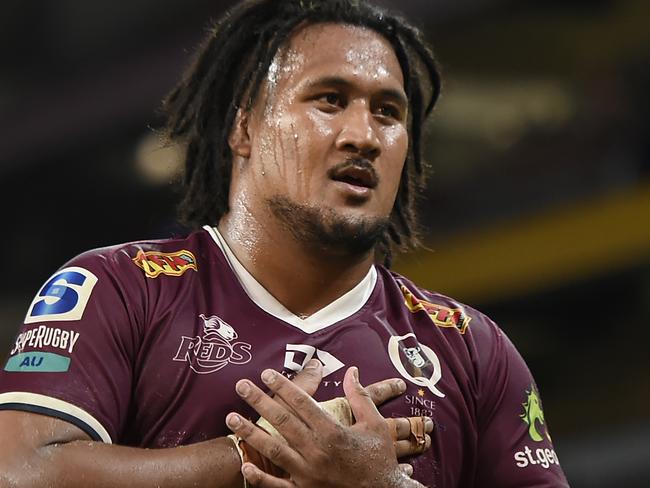 BRISBANE, AUSTRALIA - MAY 22: Brandon Paenga-Amosa of the Reds gestures to fans after his team's defeat during the round two Super Rugby Trans-Tasman match between the Queensland Reds and the Crusaders at Suncorp Stadium on May 22, 2021 in Brisbane, Australia. (Photo by Albert Perez/Getty Images)