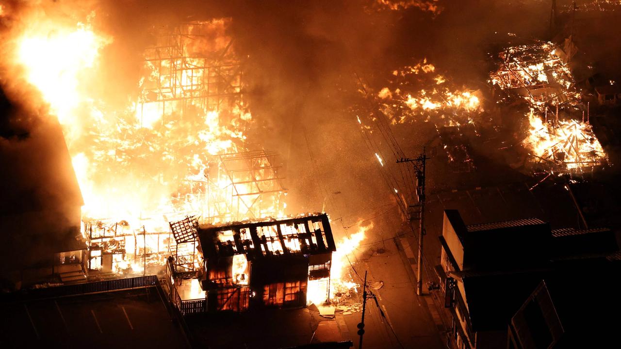 Buildings burning in the city of Wajima, Ishikawa prefecture on January 1, 2024. Picture: Yomiuri Shimbun / AFP