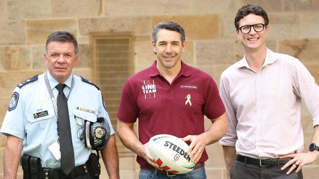 Acting Superintendent Peter Flanders promoting road safety with Maroons coach Billy Slater and Transport Minister Bart Mellish. Picture: Annette Dew