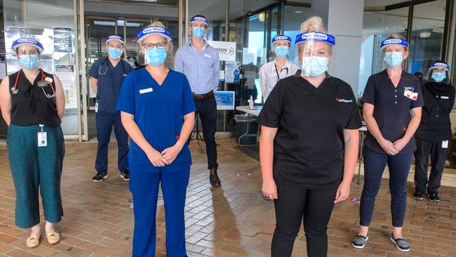 Grace Butel-Simoes, Frances Mahoney, Georgia Duffy, Mel Norman and Marwah Jadooe; back row: Khai Lin Kong, Stuart Birnie and Taylah van Leerdam at Monash Hospital. Picture: Jay Town