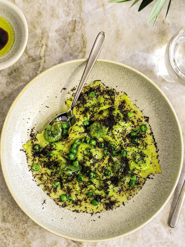 Broad bean and pea ricotta ravioli at Mercato. Picture: Chris Schalkx.