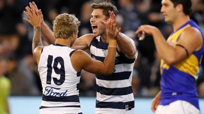 Take out his hit on Schofield and Hawkins had a stunning return to form for the Cats. Picture: AFL Photos