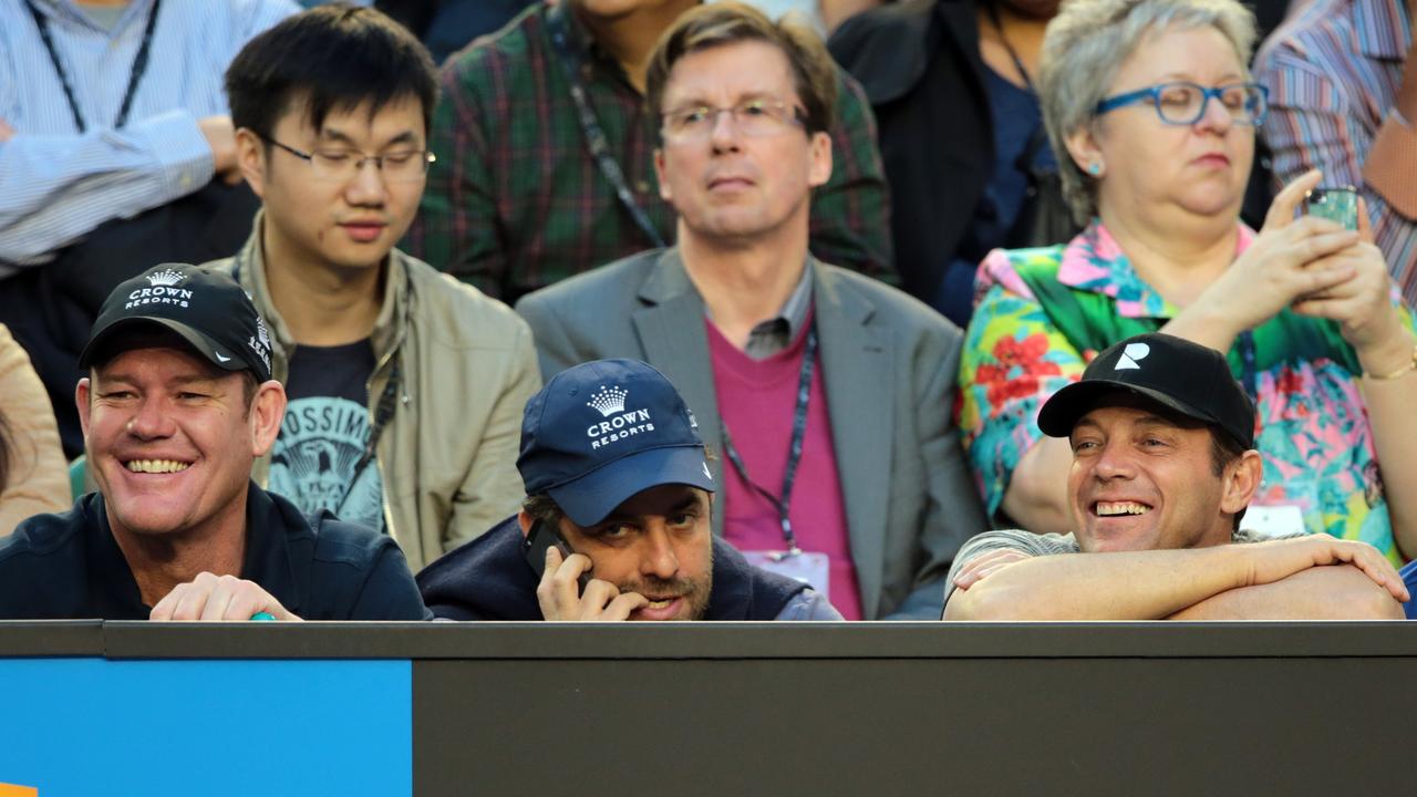 Australian billionaire James Packer, Hollywood producer Brett Ratner and Jordan Belfort at the 2014 Australian Open.