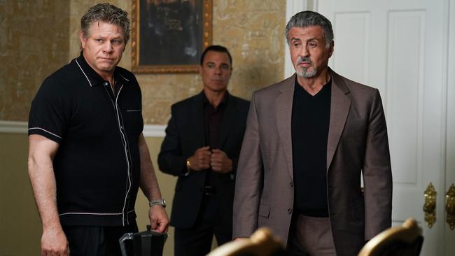 Domenick Lombardozzi as Charles “Chickie” Invernizzi with Sylvester Stallone on set. Picture: Brian Douglas/Paramount+