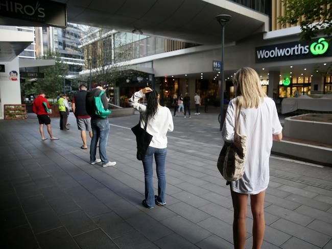 Queue outside Woolworths in Mascot, Friday 3 April 2020. Despite the number of people everybody followed social distancing requirements and when it was announced by staff that there was no toilet paper available only one person left the line. Picture: Nikki Short