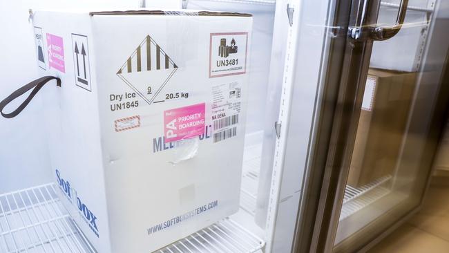 A box containing a shipment of the Pfizer-BioNTech COVID-19 vaccine sits in a freezer in Aurora, Colorado. Picture: AFP