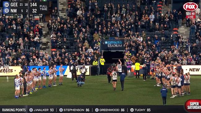 North Melbourne cheers Mitch Duncan. Photo: Fox Footy.