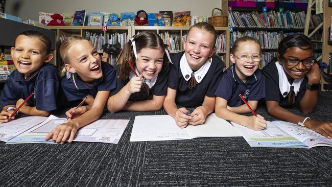 St Margaret's Year 3 and Year 5 Students Stella Rhode, Olivia Robson, Zoe Emanuel, Adelaide Rothwell, Tabitha Edwards and Minuli Ilangamage, who made the top 10 in best performed schools in the state in Naplan results. Photo Lachie Millard