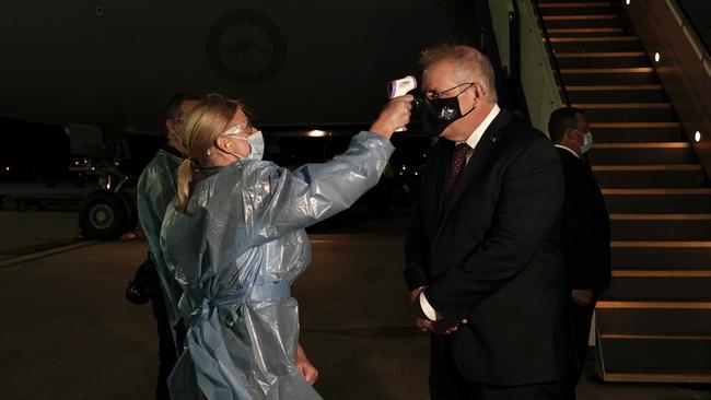 Prime Minister Scott Morrison is temperature tested upon his return to Canberra from the United States of America. Picture: Adam Taylor