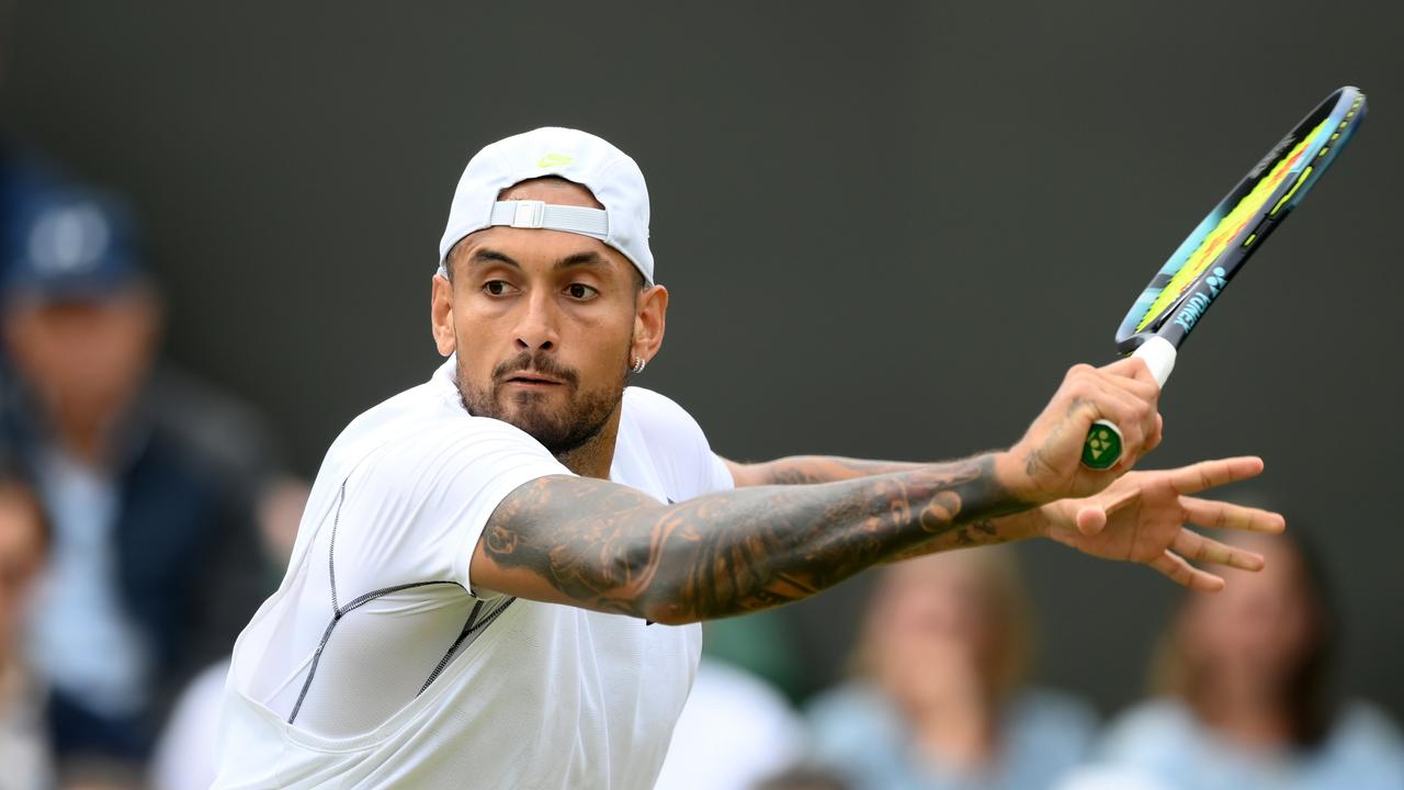 LONDON, ENGLAND – JUNE 30: Nick Kyrgios of Australia plays a backhand against Filip Krajinovic of Serbia during their Men's Singles Second Round match on day four of The Championships Wimbledon 2022 at All England Lawn Tennis and Croquet Club on June 30, 2022 in London, England. (Photo by Shaun Botterill/Getty Images)
