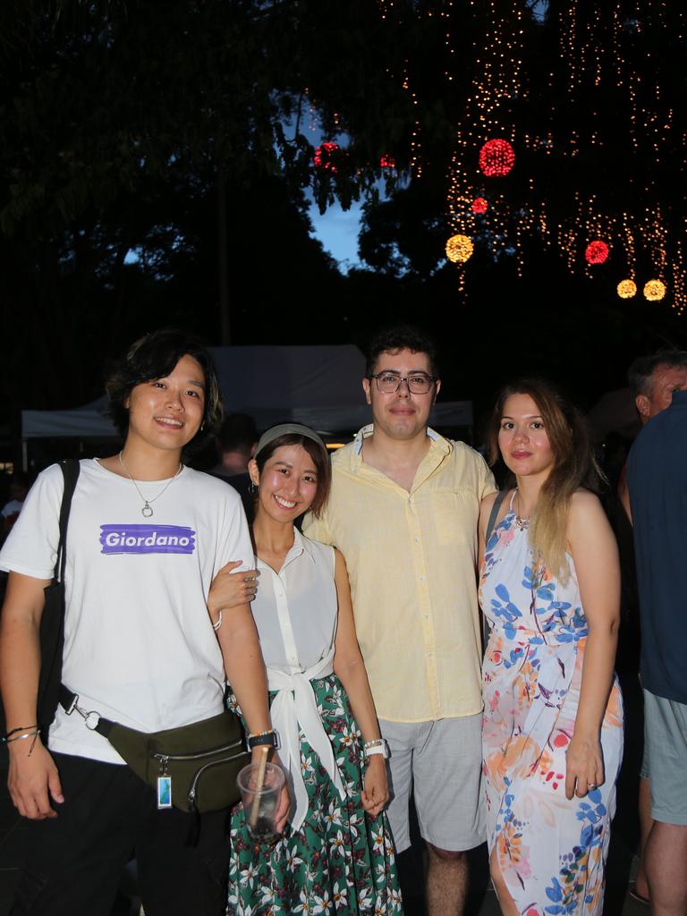 Yasu Iesaka, Fuka Kakutani, Arash Foroudi and Sahar Mehrjoo celebrate the last night of Chinese New Year festivities in Cairns. Picture: Kate Stephenson