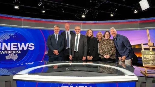 Victoria Buchan, third from left, joined PM Anthony Albanese and Channel 9’s new Head of News and Current Affairs, Fiona Dear; Director of Television Michael Healy; Sydney News Director Simon Hobbs and Melbourne News Director Hugh Nailon for the opening of a new Canberra studios recently, Picture: Supplied