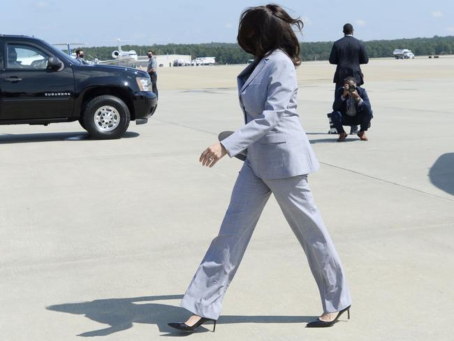 Kamala Harris exits a private plane at Raleigh Durham International Airport in North Carolina. Picture: AFP