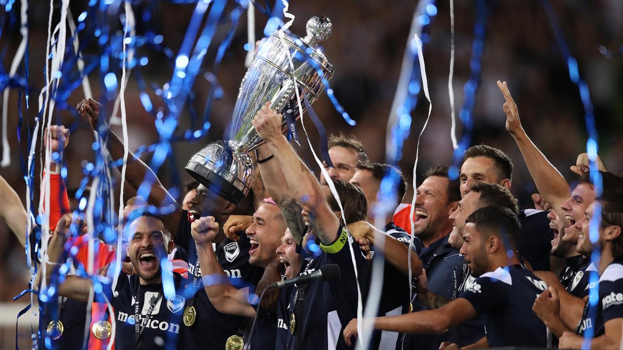 Melbourne Victory celebrate winning the 2021 FFA Cup. Picture: Graham Denholm/Getty