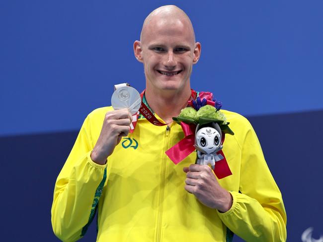 Silver medallist Rowan Crothers poses during the medal ceremony for the Men’s 100m Freestyle – S10. Picture: Getty Images